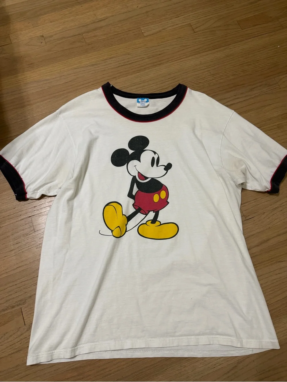 Vintage  Disney White Mickey Mouse Graphic Ringer Tee with Black & Red Trim